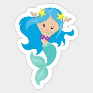 Cute Mermaid, Little Mermaid, Starfish, Blue Hair Sticker